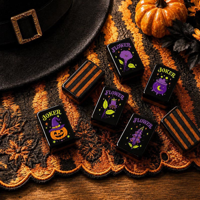 Spooky Pumpkin Candles Flower Mahjong Tile Set, Black Cat Halloween American Acrylic Tiles Portable, Hostess Gift