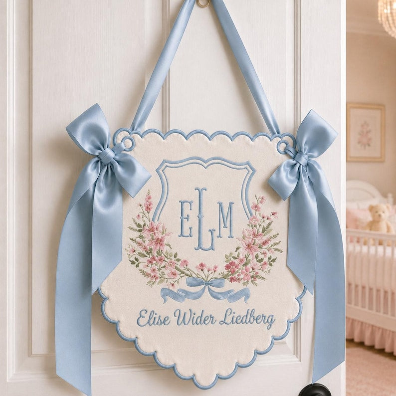 Personalized Embroidered Baby Name Banner, Custom Monogram Nursery Pennant, Hospital Door Announcement