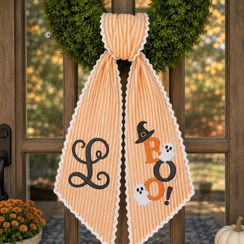 Personalized Halloween Wreath Sash, Purple Stripe Boo Door Bow, Ghost Monogram Front Door Decor