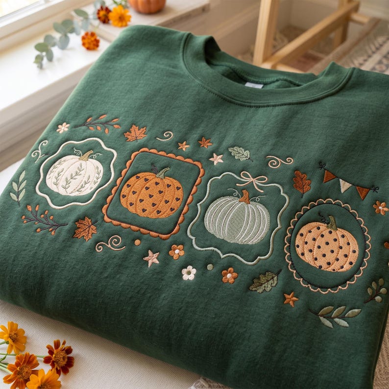 Embroidered Cottagecore Boho Pumpkin Sweatshirt, Cozy Fall Pumpkin Crewneck, Coquette Autumn Girly Pullover