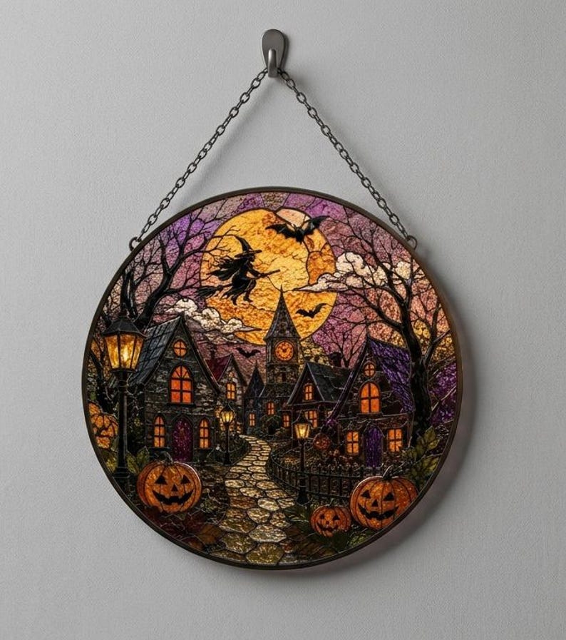 Halloween Village Glass Suncatcher, Haunted Town Stained Glass Window Hanging, Witch Moon Pumpkin Decor