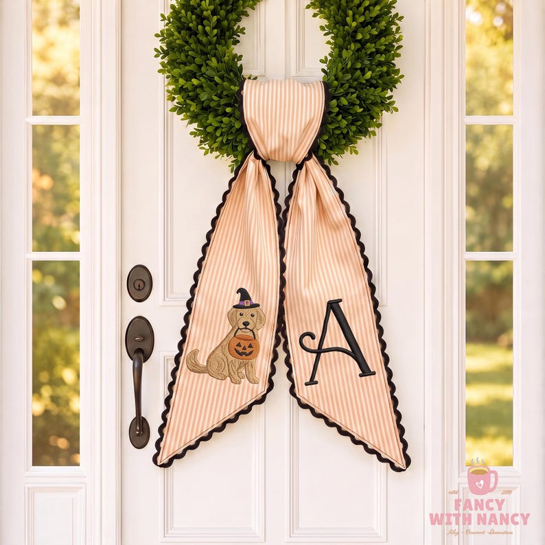 Embroidered Custom Dog Pumpkin Halloween Gingham Ric Rac Sash, Initial Monogram Door Hanger, Spooky Season Gift