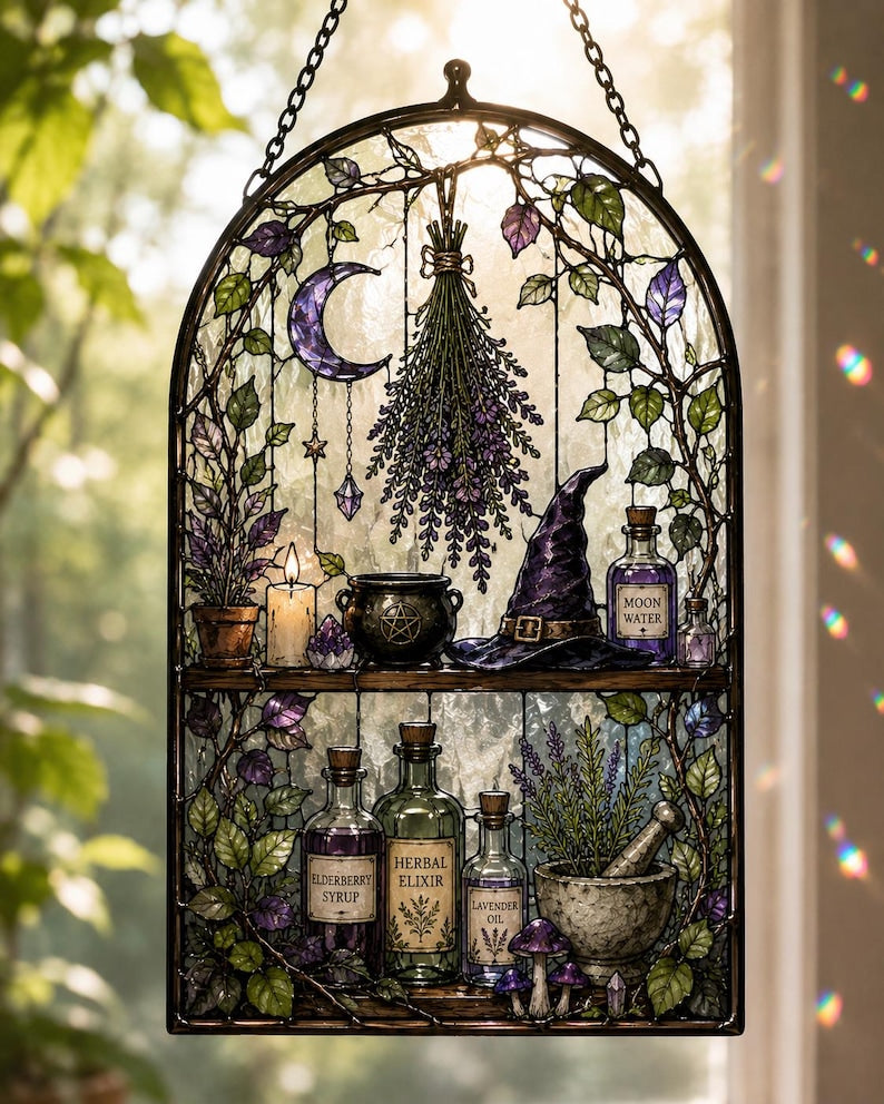 Personalized Witch Apothecary Acrylic Suncatcher, Custom Name Herbal Shelf Window Hanging, Gothic Witch Decor