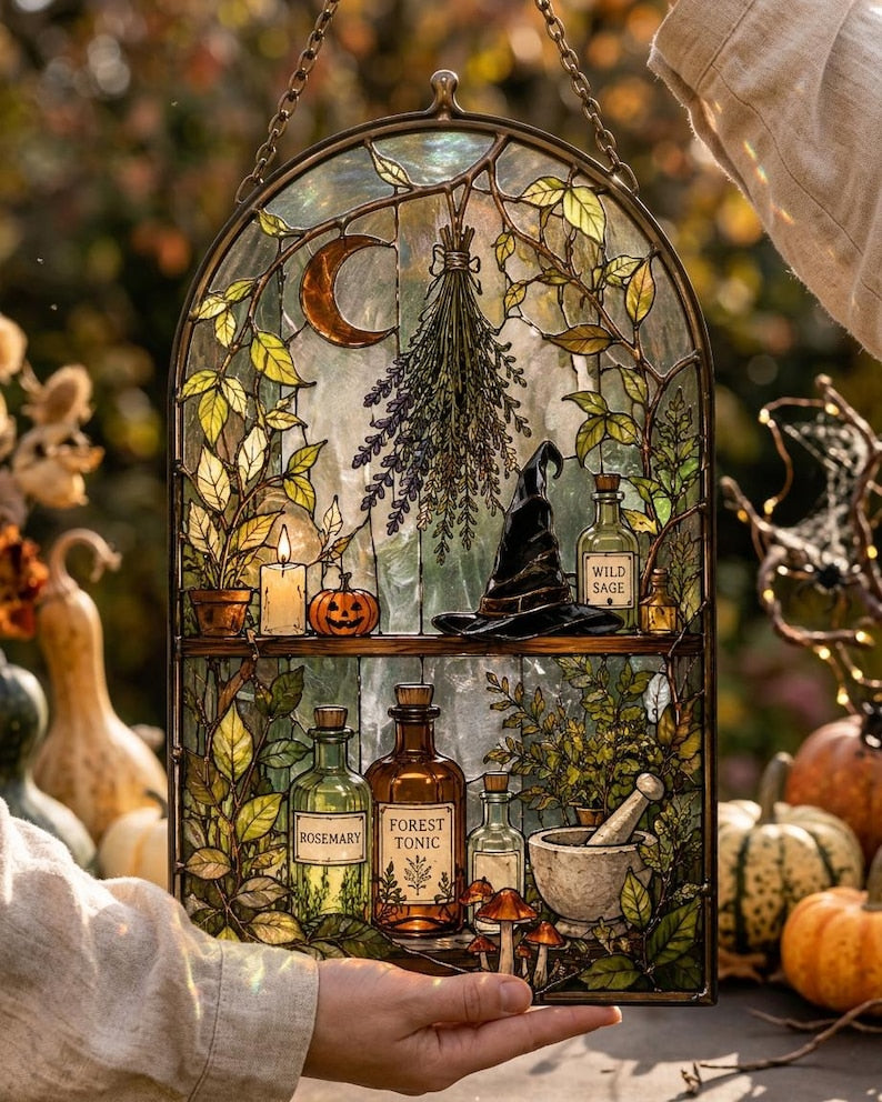Personalized Witch Apothecary Acrylic Suncatcher, Custom Name Herbal Shelf Window Hanging, Gothic Witch Decor