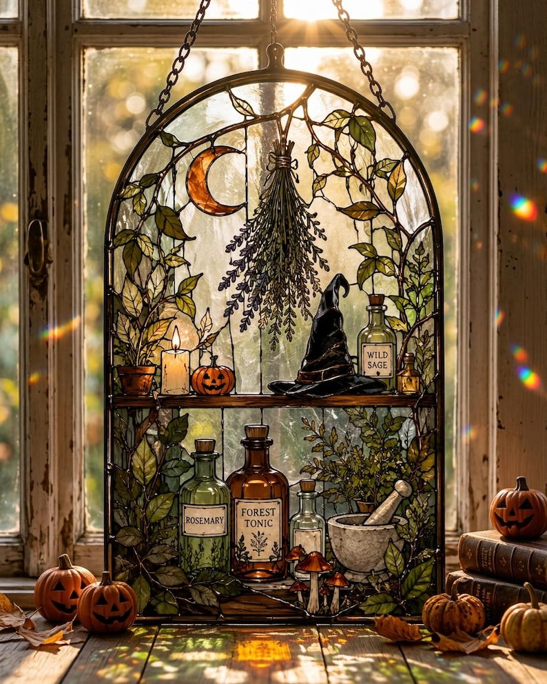 Personalized Witch Apothecary Acrylic Suncatcher, Custom Name Herbal Shelf Window Hanging, Gothic Witch Decor
