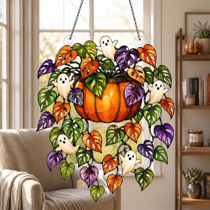 Ghost Pumpkin Plant Suncatcher, Halloween Window Decor, Acrylic Hanging Ornament