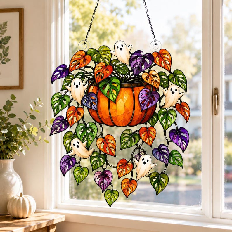 Ghost Pumpkin Plant Suncatcher, Halloween Window Decor, Acrylic Hanging Ornament