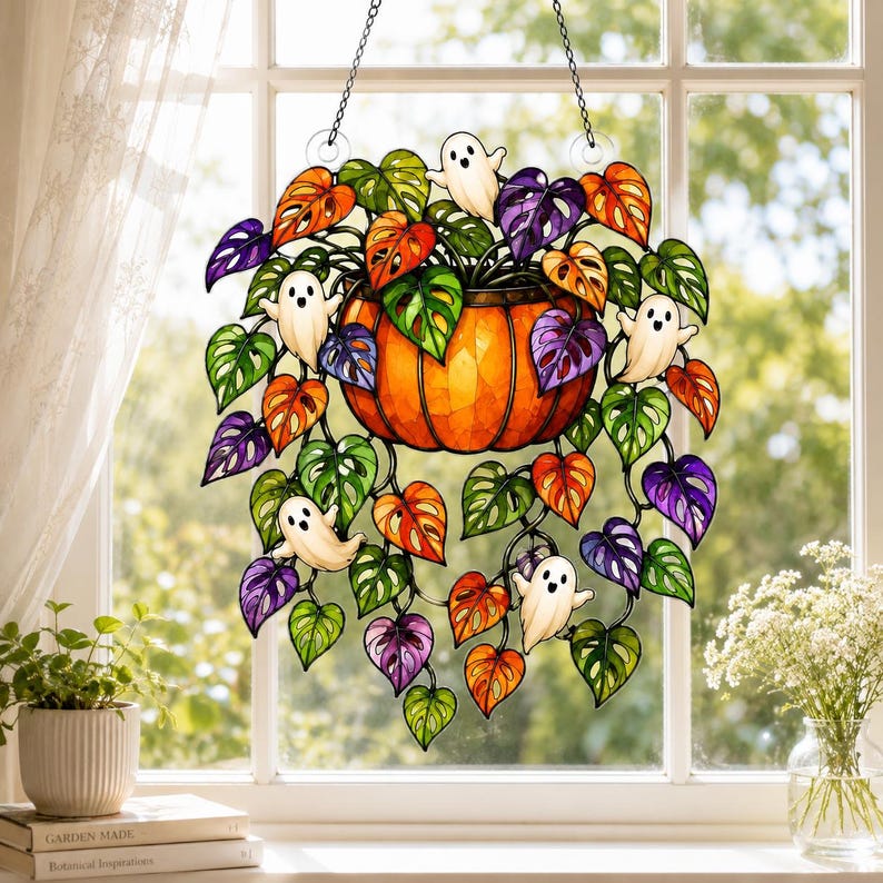 Ghost Pumpkin Plant Suncatcher, Halloween Window Decor, Acrylic Hanging Ornament