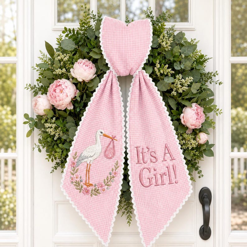It's A Boy Stork Wreath Sash, Baby Announcement Wreath Sash, Embroidered Stork Door Bow, Gender Reveal Decor