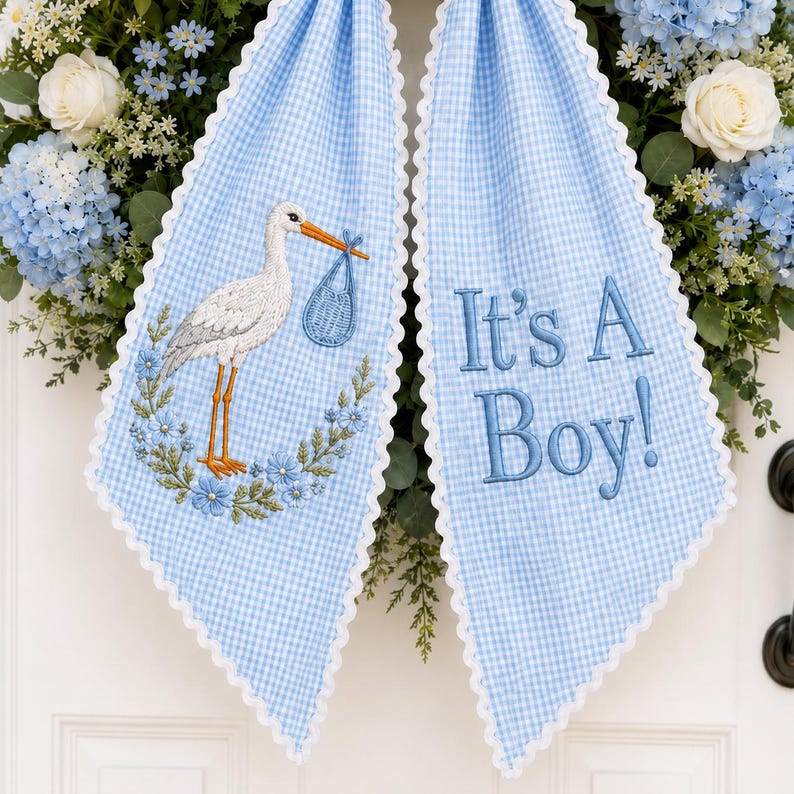 It's A Boy Stork Wreath Sash, Baby Announcement Wreath Sash, Embroidered Stork Door Bow, Gender Reveal Decor