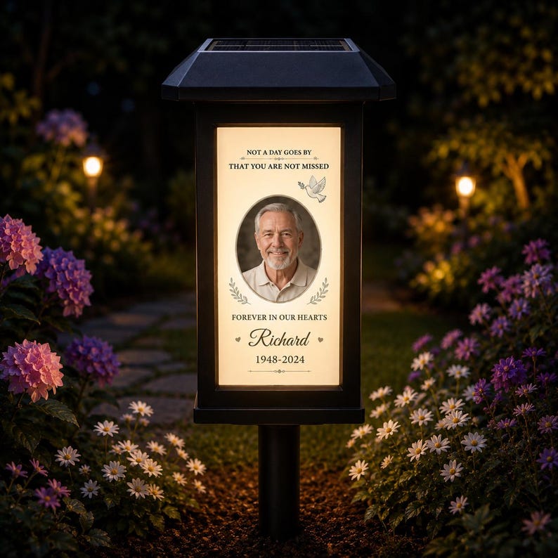 Personalized Memorial Solar Lantern, Custom Photo Gravesite Light, Outdoor Remembrance Garden Stake