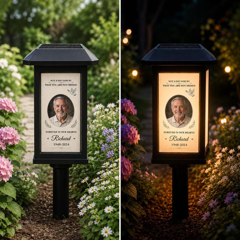 Personalized Memorial Solar Lantern, Custom Photo Gravesite Light, Outdoor Remembrance Garden Stake