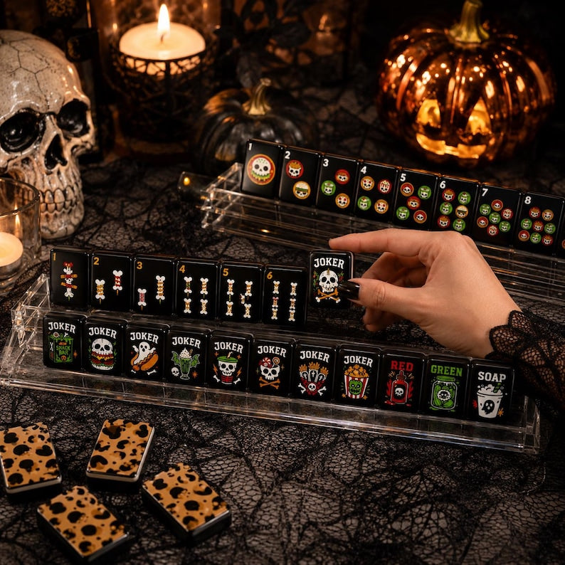 Halloween Mahjong Tiles Set Spooky Skull Bone, Festive Pumpkin Game Pieces, Hostess Mahjong Gift