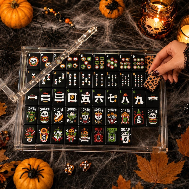 Halloween Mahjong Tiles Set Spooky Skull Bone, Festive Pumpkin Game Pieces, Hostess Mahjong Gift