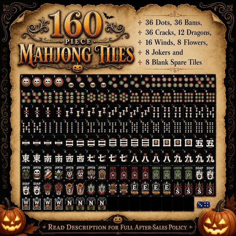 Halloween Mahjong Tiles Set Spooky Skull Bone, Festive Pumpkin Game Pieces, Hostess Mahjong Gift