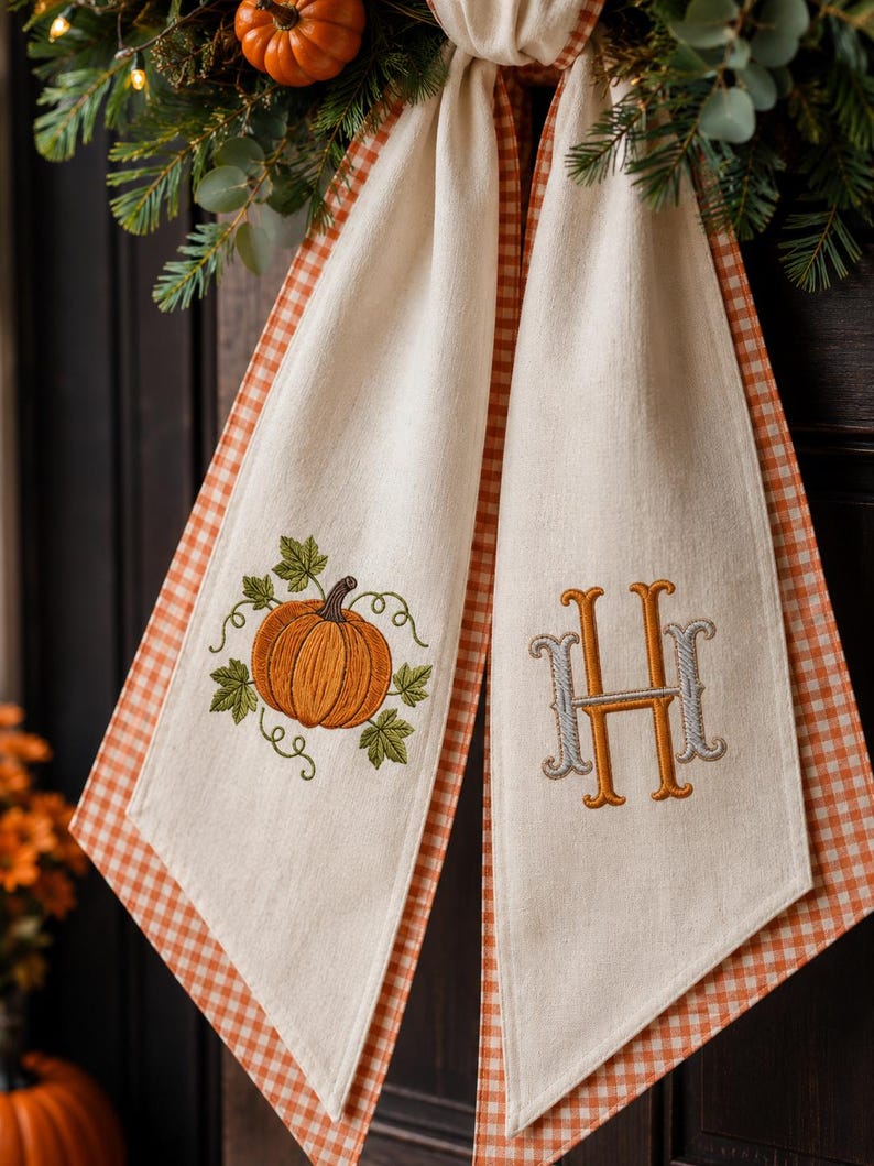 Embroidered Monogrammed Pumpkin Halloween Thanksgiving Fall Wreath Sash, Sash Pumpkin Personalized Holiday Gift
