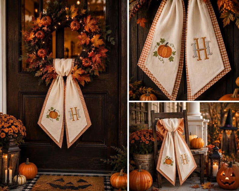 Embroidered Monogrammed Pumpkin Halloween Thanksgiving Fall Wreath Sash, Sash Pumpkin Personalized Holiday Gift