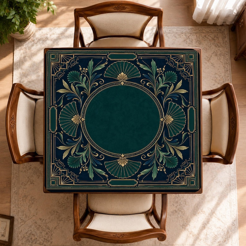 Art Deco Mahjong Mat, Dark Green Ginkgo Game Mat, Non Slip Luxury Botanical Mahjong Table Mat