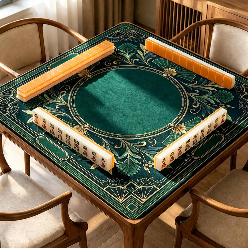 Art Deco Mahjong Mat, Dark Green Ginkgo Game Mat, Non Slip Luxury Botanical Mahjong Table Mat
