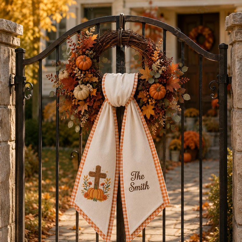 Embroidered Custom Family Name Thanksgiving Wreath Sash, Gingham Cross Pumpkin Door Bow, Christian Fall Wreath Ribbon