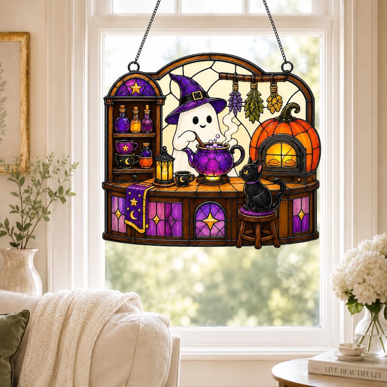 Ghost Witch and Black Cat Acrylic Suncatcher, Window Hanging, Cat Lover Gift, Halloween Home