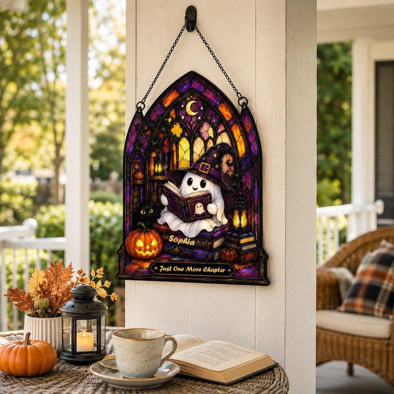 Personalized Reading Ghost Acrylic Suncatcher, Custom Spooky Ghost Window Hanging, Reading Nook Ornament