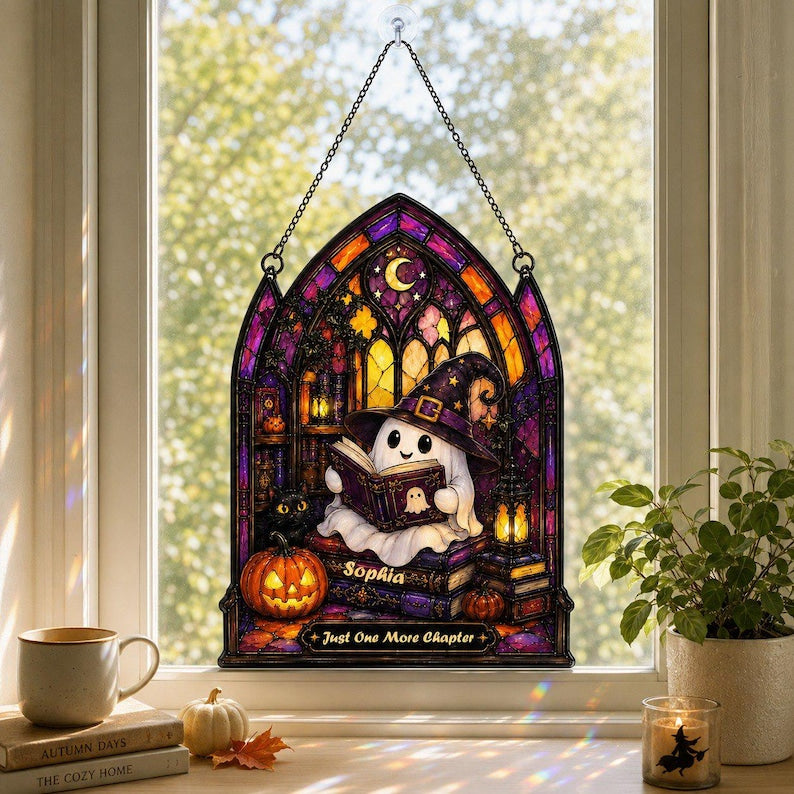 Personalized Reading Ghost Acrylic Suncatcher, Custom Spooky Ghost Window Hanging, Reading Nook Ornament