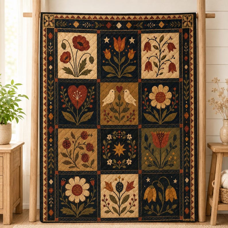 Folk Art Floral Quilt Blanket, Primitive Americana Botanical Bedspread, Farmhouse Decor