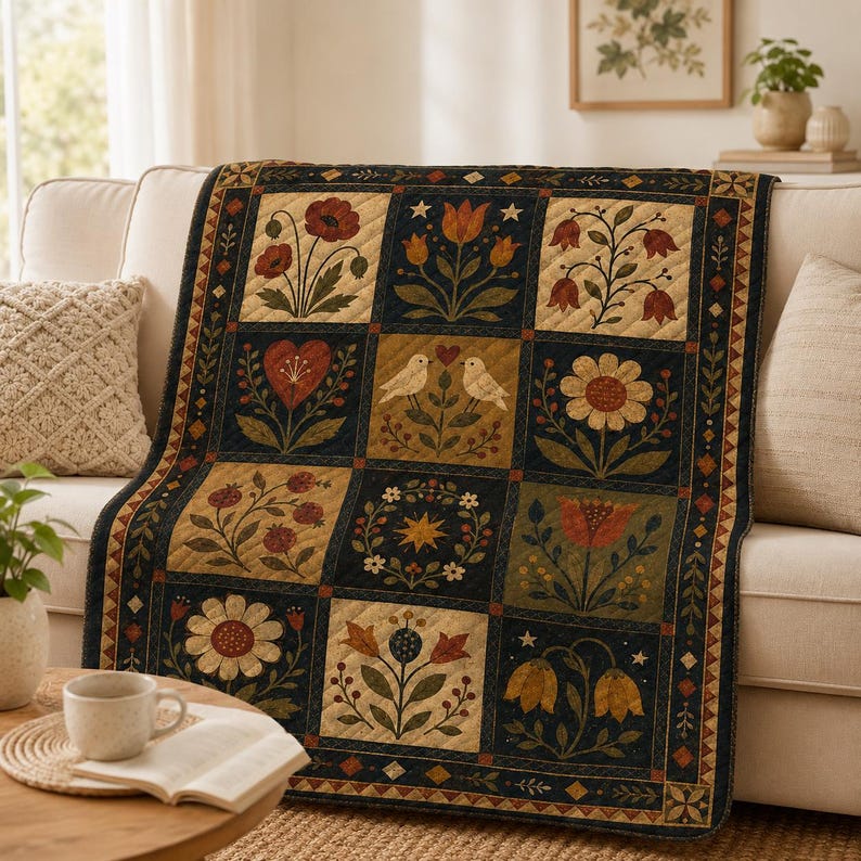 Folk Art Floral Quilt Blanket, Primitive Americana Botanical Bedspread, Farmhouse Decor