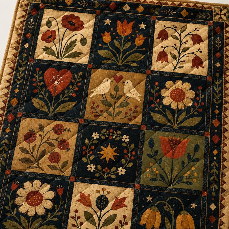 Folk Art Floral Quilt Blanket, Primitive Americana Botanical Bedspread, Farmhouse Decor
