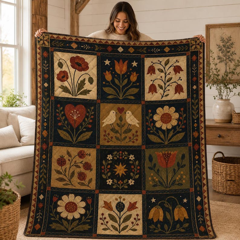 Folk Art Floral Quilt Blanket, Primitive Americana Botanical Bedspread, Farmhouse Decor