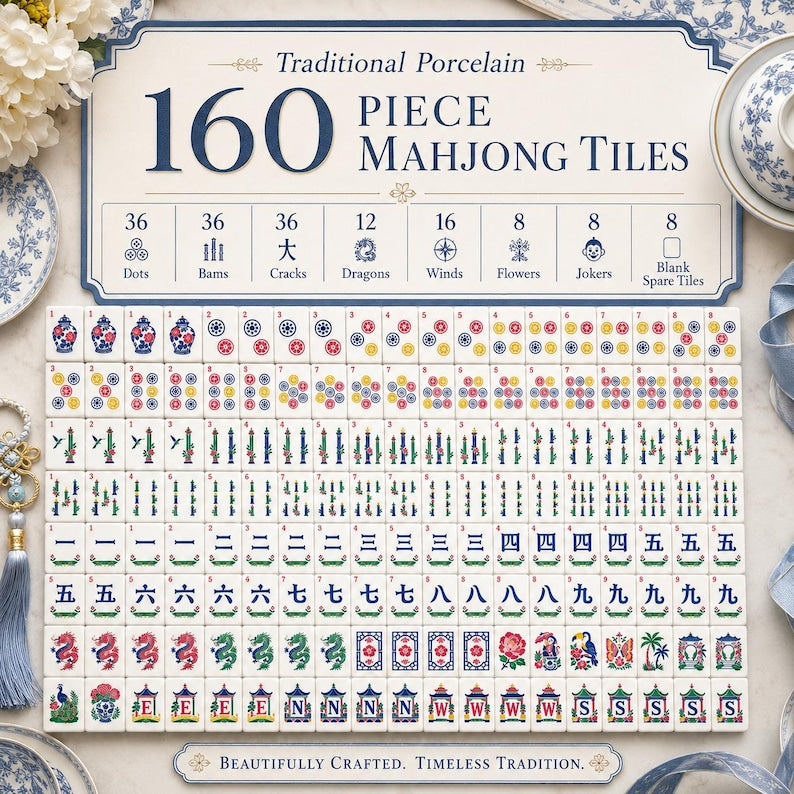 Sage Green Crane Porcelain Mahjong Tiles Included Box, Chinoiserie Luxury American Mahjong Tiles Set