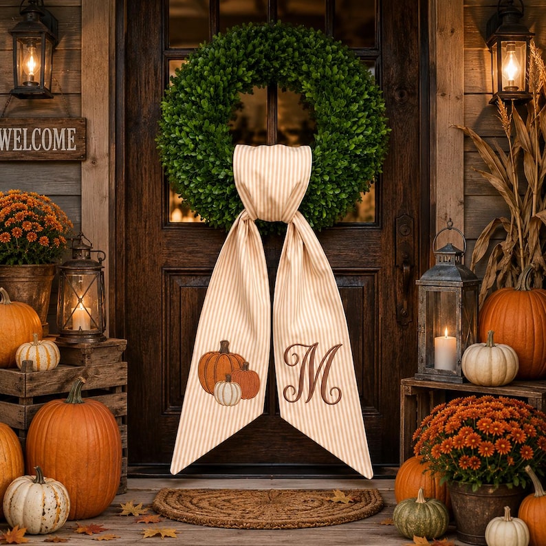 Personalized Pumpkin Wreath Bow, Embroidered Fall Door Bow, Custom Initial Autumn Wreath Sash