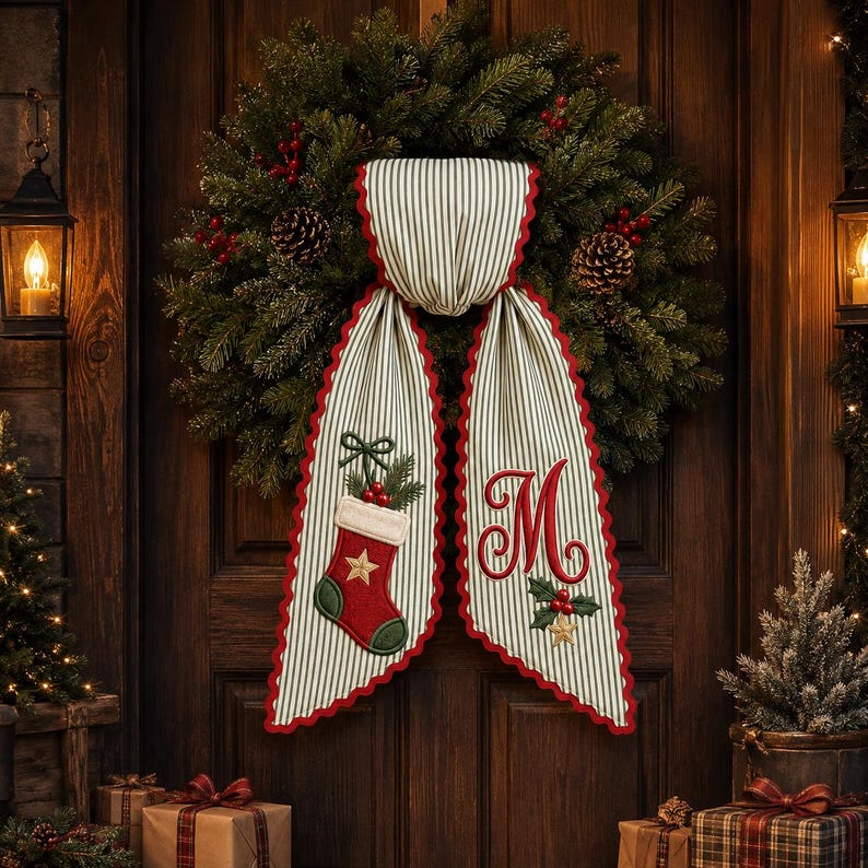 Personalized Christmas Stocking Wreath Bow, Embroidered Holiday Door Bow, Custom Christmas Wreath Sash