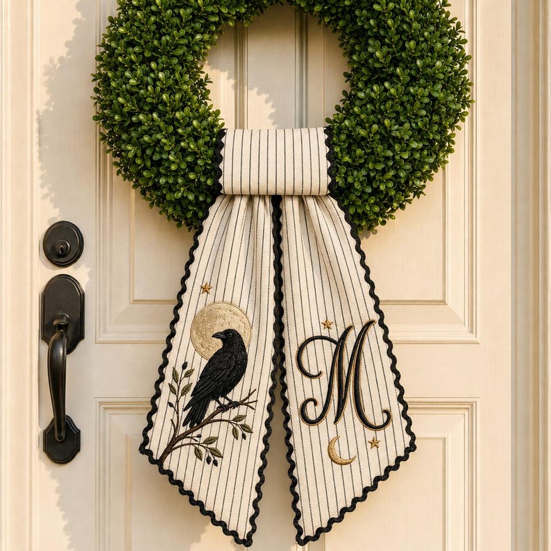 Personalized Raven Wreath Bow, Embroidered Gothic Halloween Door Bow, Custom Moon Wreath Sash