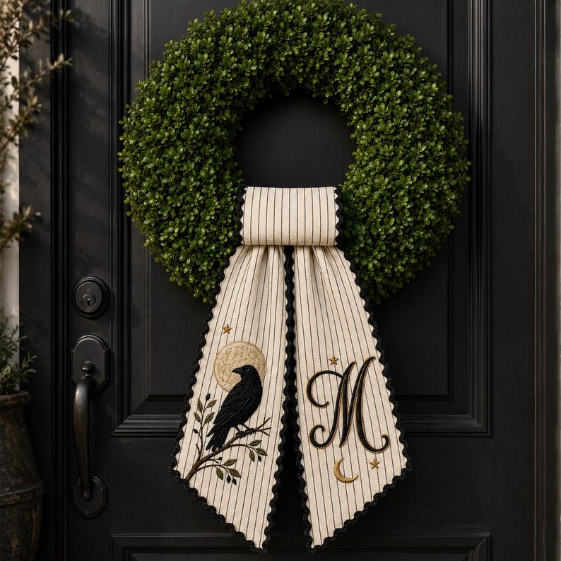Personalized Raven Wreath Bow, Embroidered Gothic Halloween Door Bow, Custom Moon Wreath Sash