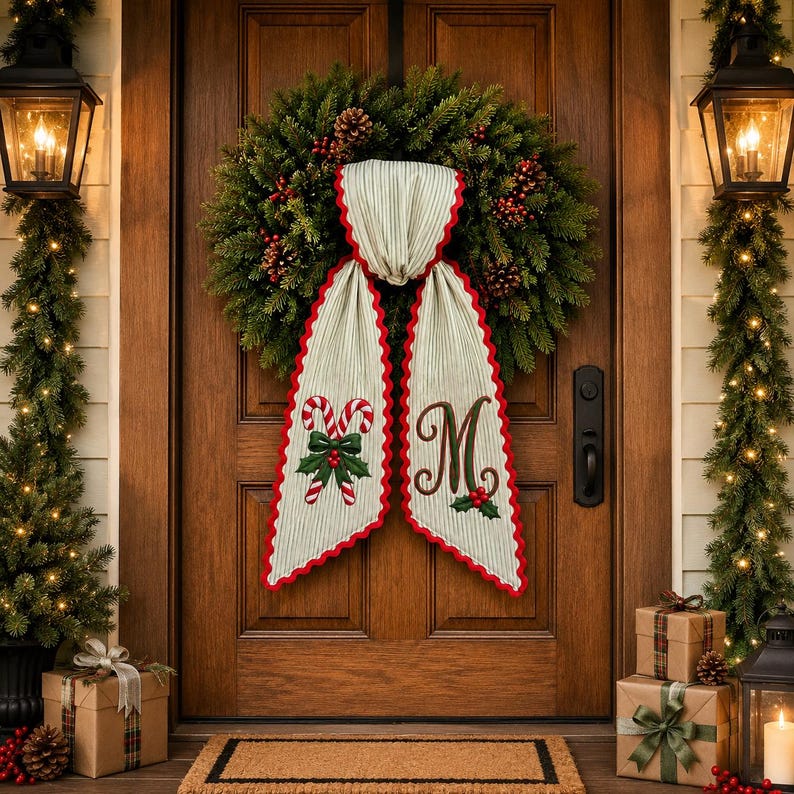 Personalized Candy Cane Wreath Bow, Embroidered Christmas Door Bow, Custom Holiday Wreath Sash