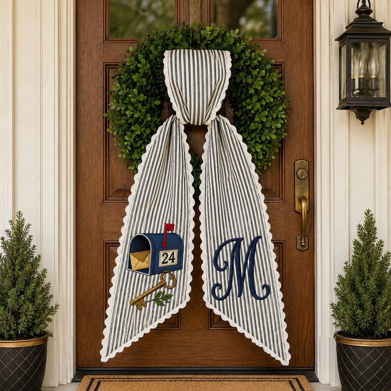 Personalized Mailbox New Home Wreath Bow, Embroidered Mail Carrier Door Bow, Front Door Wreath Sash