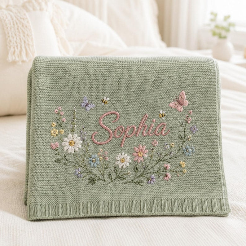 Personalized Floral Wreath Baby Blanket, Custom Name Embroidery with Butterflies & Bees, Soft Knit Newborn Keepsake