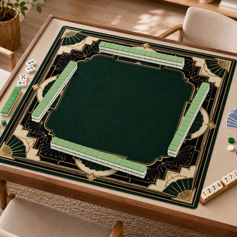 Art Deco Mahjong Mat, Emerald Green Game Mat, Non Slip Gatsby Luxury American Mahjong Table Mat