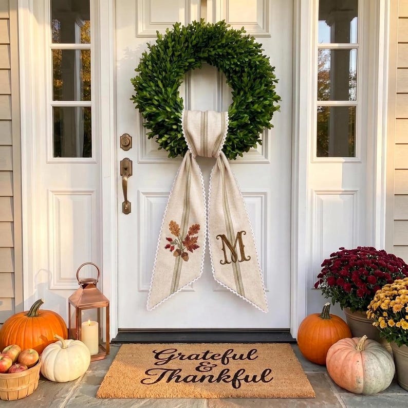 Fall Wreath Sash, Personalized Embroidered Acorn Wreath Ribbon, Autumn Front Door Decor, Thanksgiving Housewarming Gift