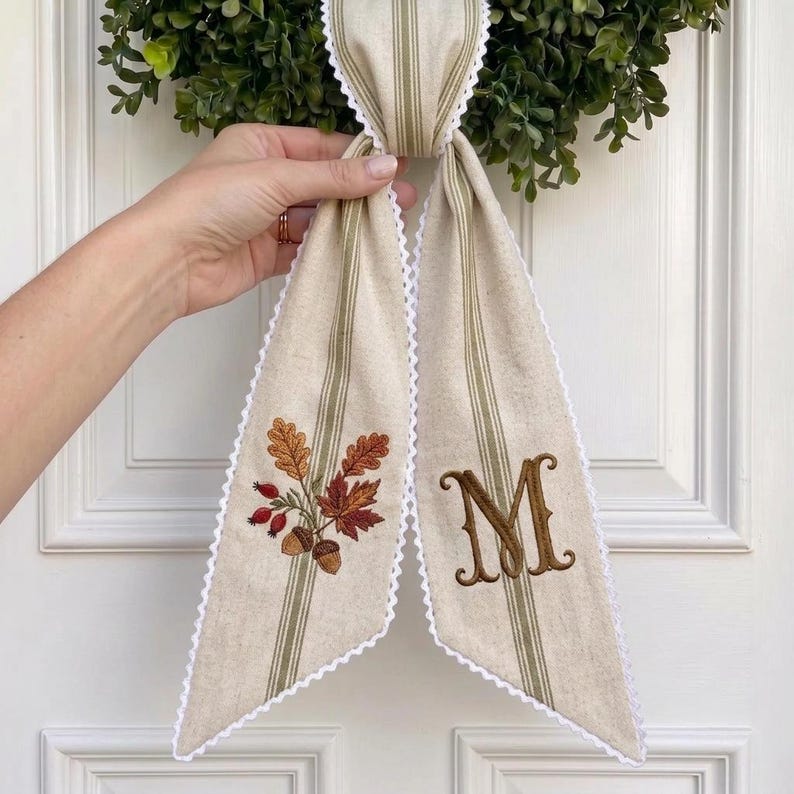 Fall Wreath Sash, Personalized Embroidered Acorn Wreath Ribbon, Autumn Front Door Decor, Thanksgiving Housewarming Gift