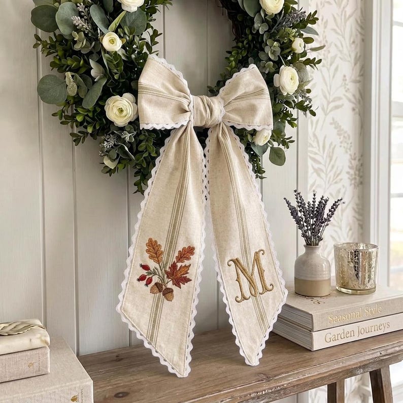Fall Wreath Sash, Personalized Embroidered Acorn Wreath Ribbon, Autumn Front Door Decor, Thanksgiving Housewarming Gift