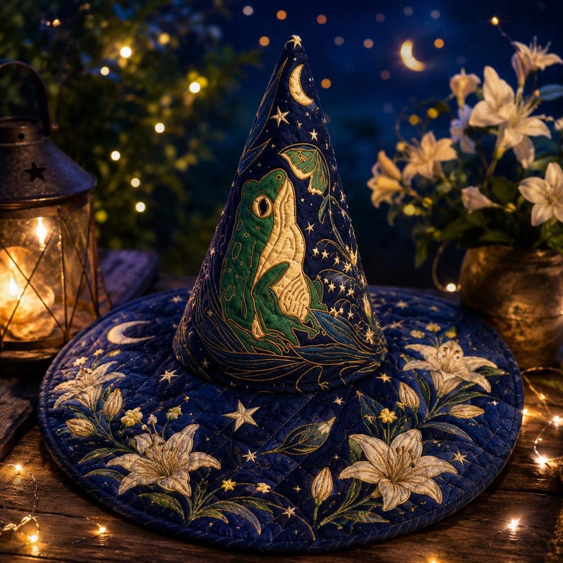 Witch Frog Hat, Quilted Halloween Princess Costume Cap, Celestial Lily Wizard Hat Festival Accessory