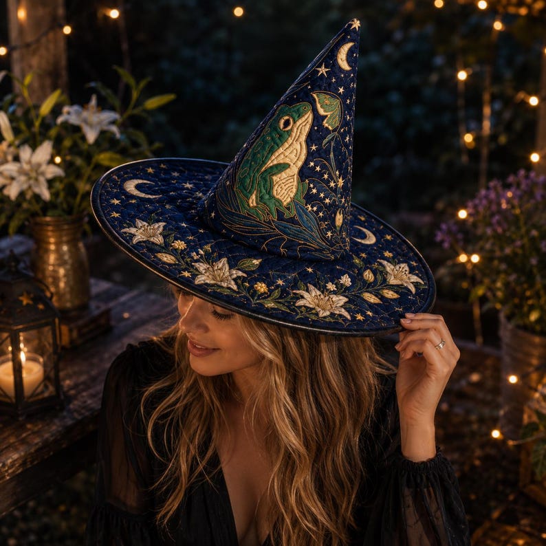 Witch Frog Hat, Quilted Halloween Princess Costume Cap, Celestial Lily Wizard Hat Festival Accessory