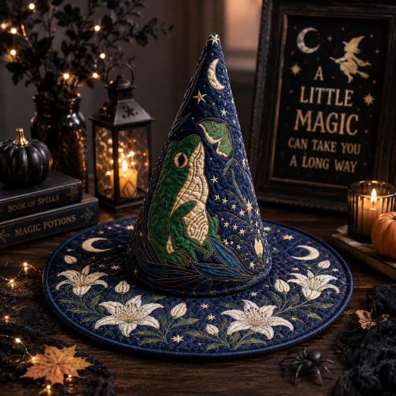 Witch Frog Hat, Quilted Halloween Princess Costume Cap, Celestial Lily Wizard Hat Festival Accessory