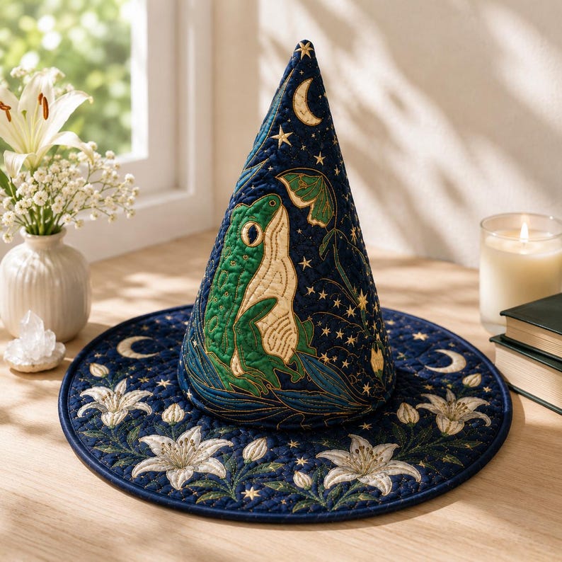 Witch Frog Hat, Quilted Halloween Princess Costume Cap, Celestial Lily Wizard Hat Festival Accessory