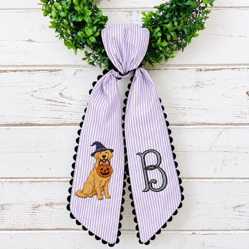 Embroidered Golden Retriever Halloween Wreath Sash, Custom Dog Breed Wreath Sash, Pet Lover Fall Bow