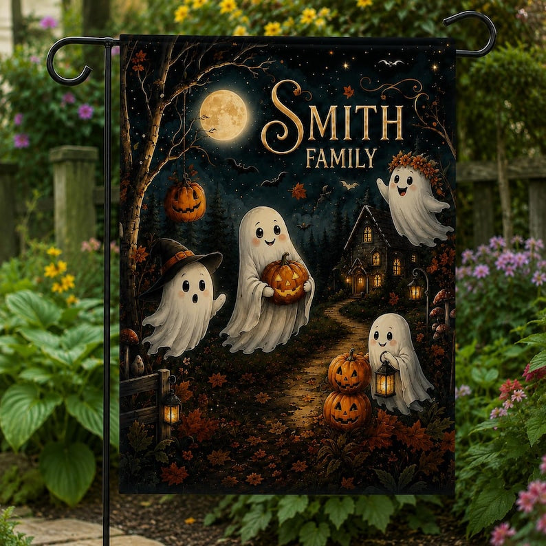 Personalized Cute Ghost Halloween Garden Flag, Custom Family Yard Flag, Spooky Pumpkin Outdoor Fall Porch Decor