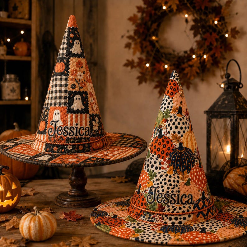 Personalized Witch Hat, Custom Name Quilted Halloween Hat, Patchwork Witch Costume Hat, Halloween Decor Gift